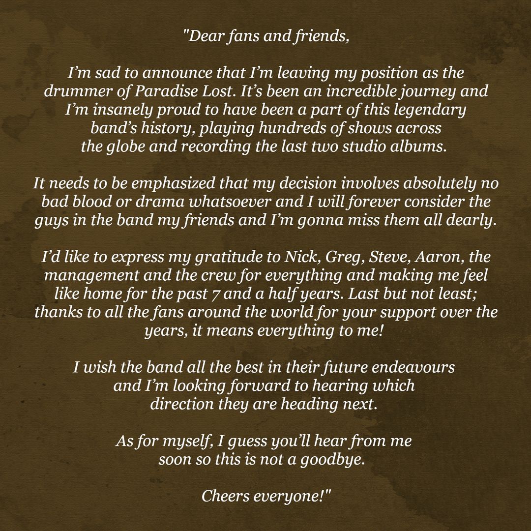 Drummer verlaat Paradise Lost