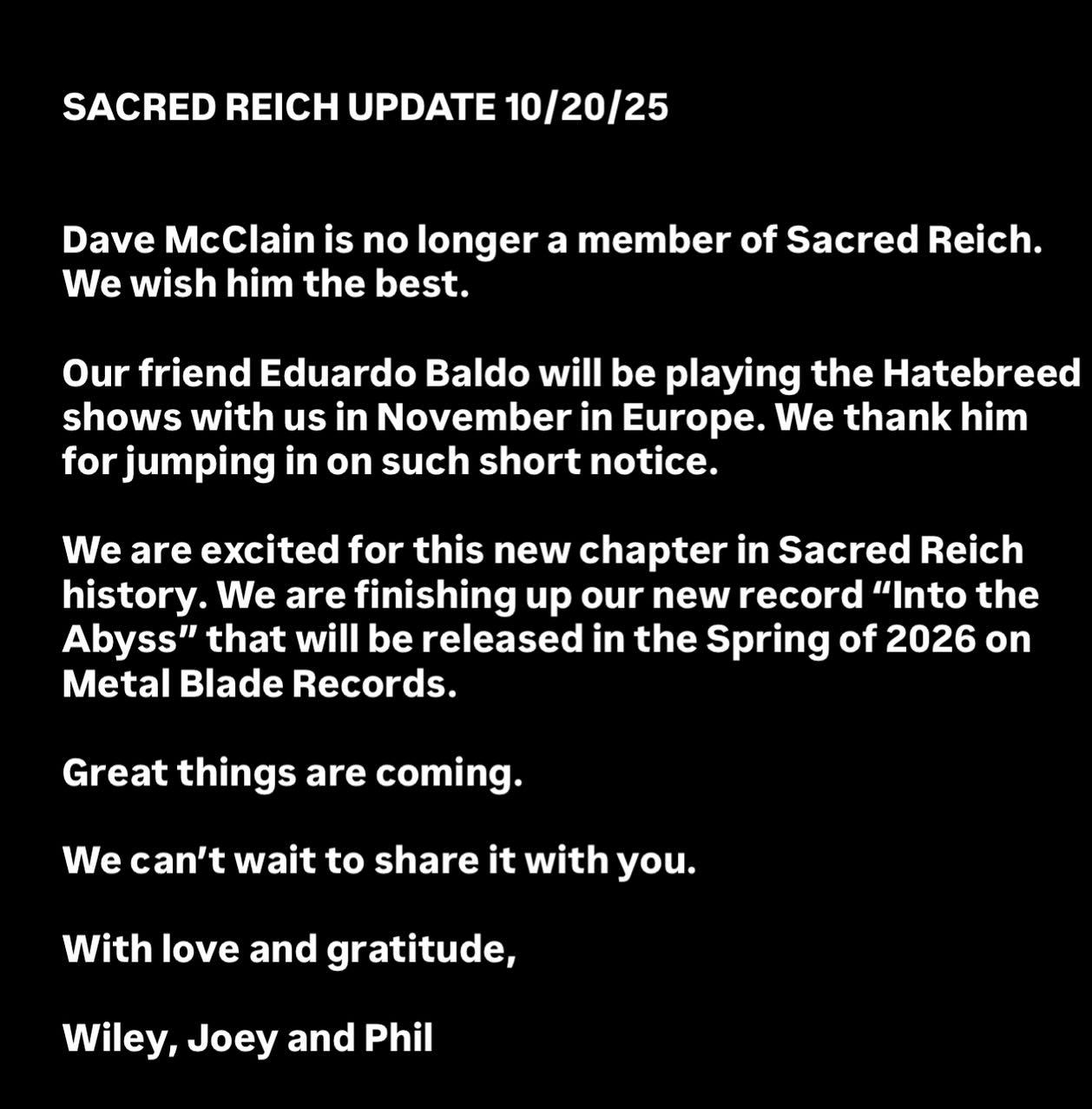 Drummer weg bij Sacred Reich