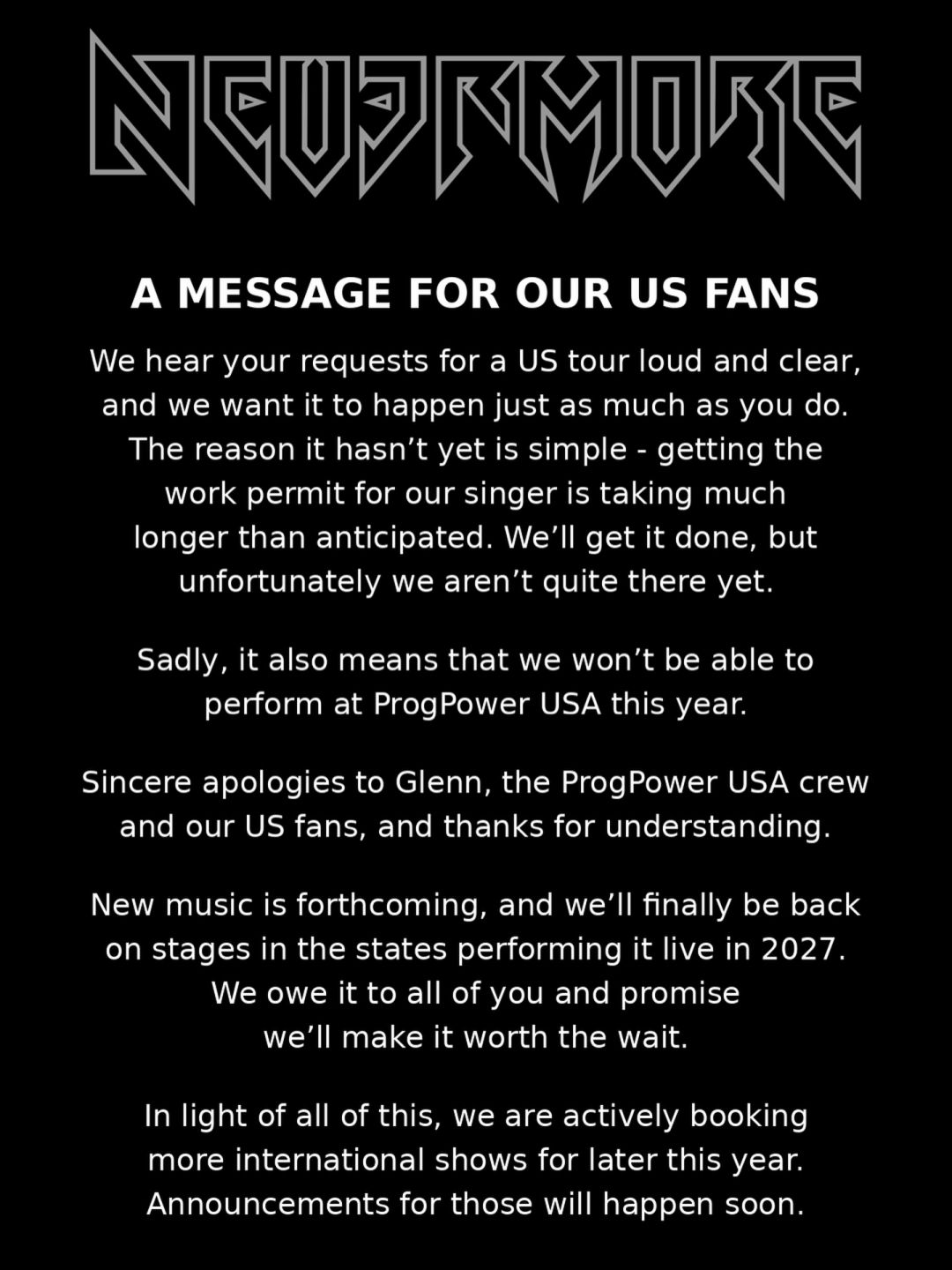 Nevermore mag niet optreden in de VS